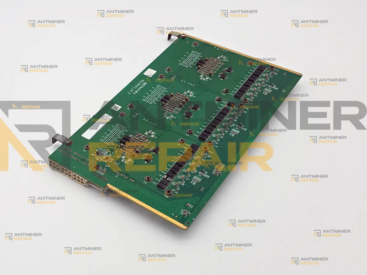 Antminer Z15 hashboard reverse side, bare PCB with no aluminium backing