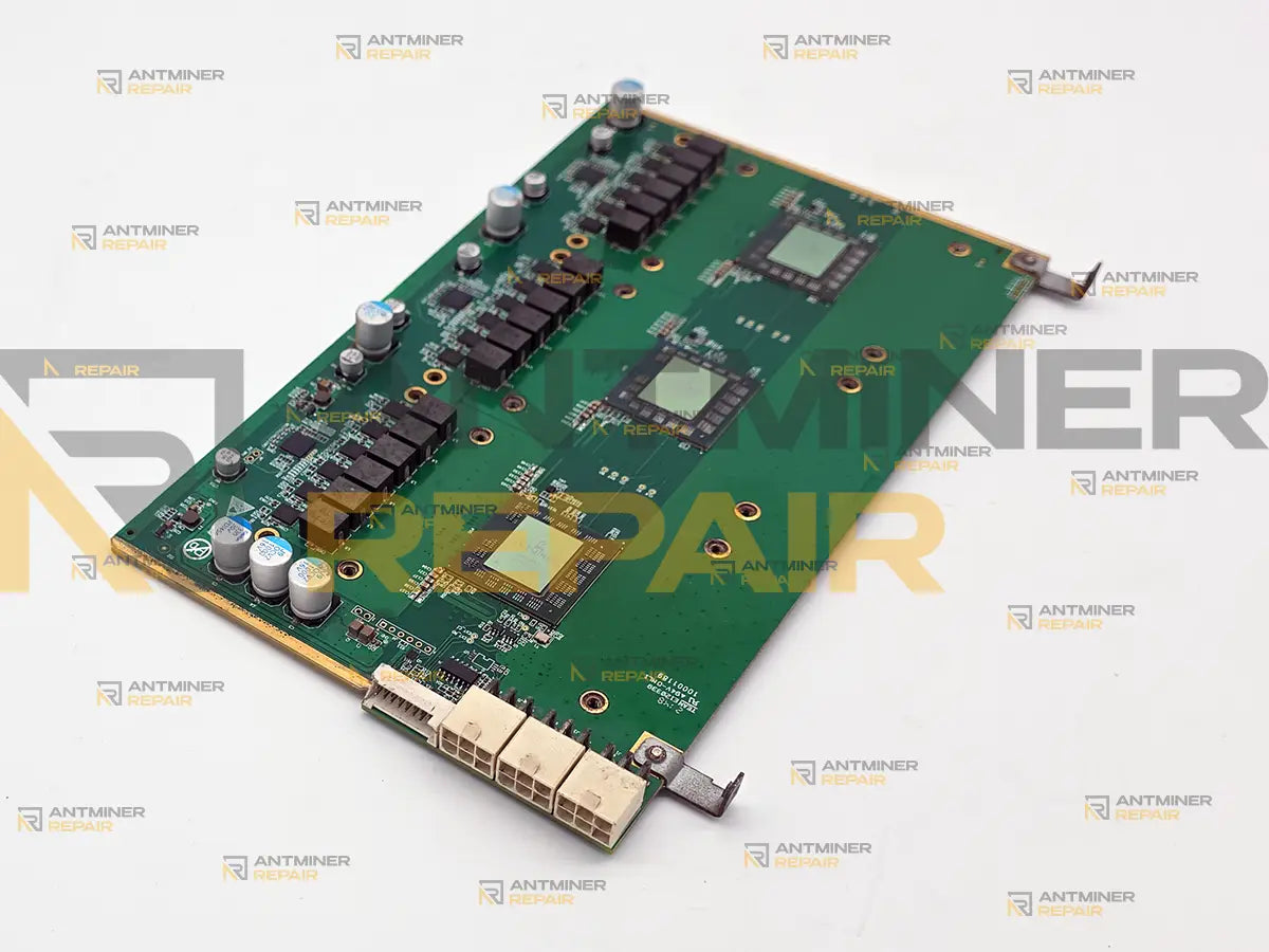 Antminer Z15 hashboard with the heatsinks removed, showing all three BM1746AA ASIC chips