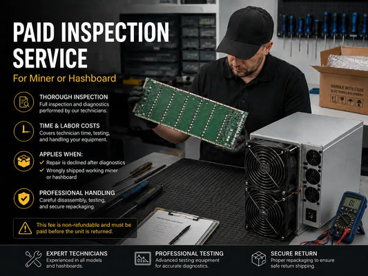 Technician bench-testing an Antminer hashboard beside an opened miner during a paid inspection