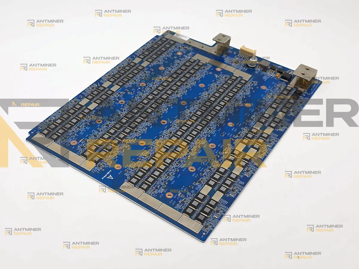 Avalon Q internal board without heatsinks, angled view along the ASIC rows