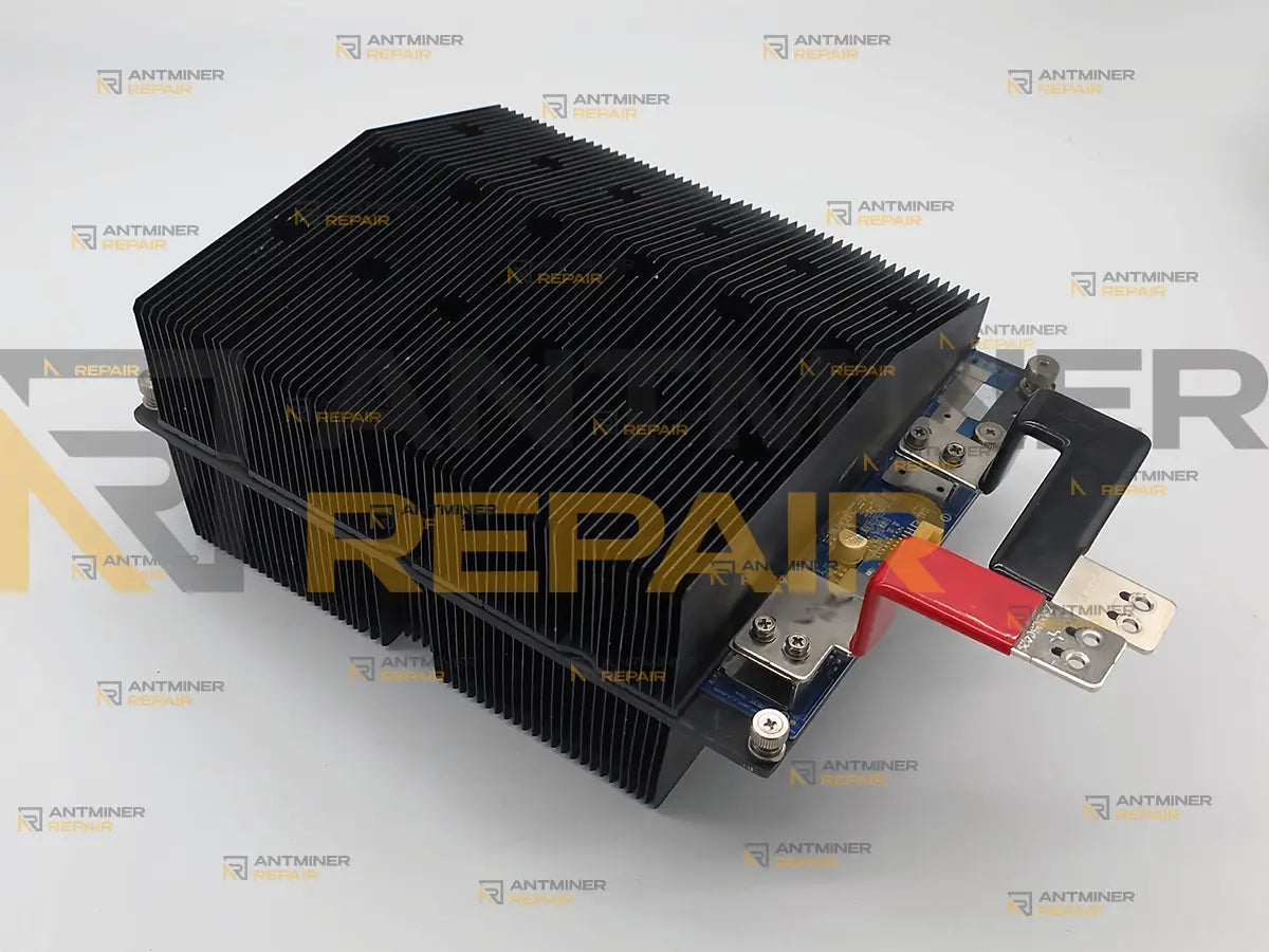 Avalon Q internal board with the full heatsink stack fitted, insulated copper bus bars at the power end