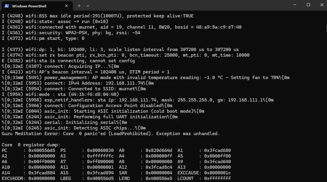 Bitaxe 700 ESP-Miner log showing Guru Meditation LoadProhibited during ASIC chip detection