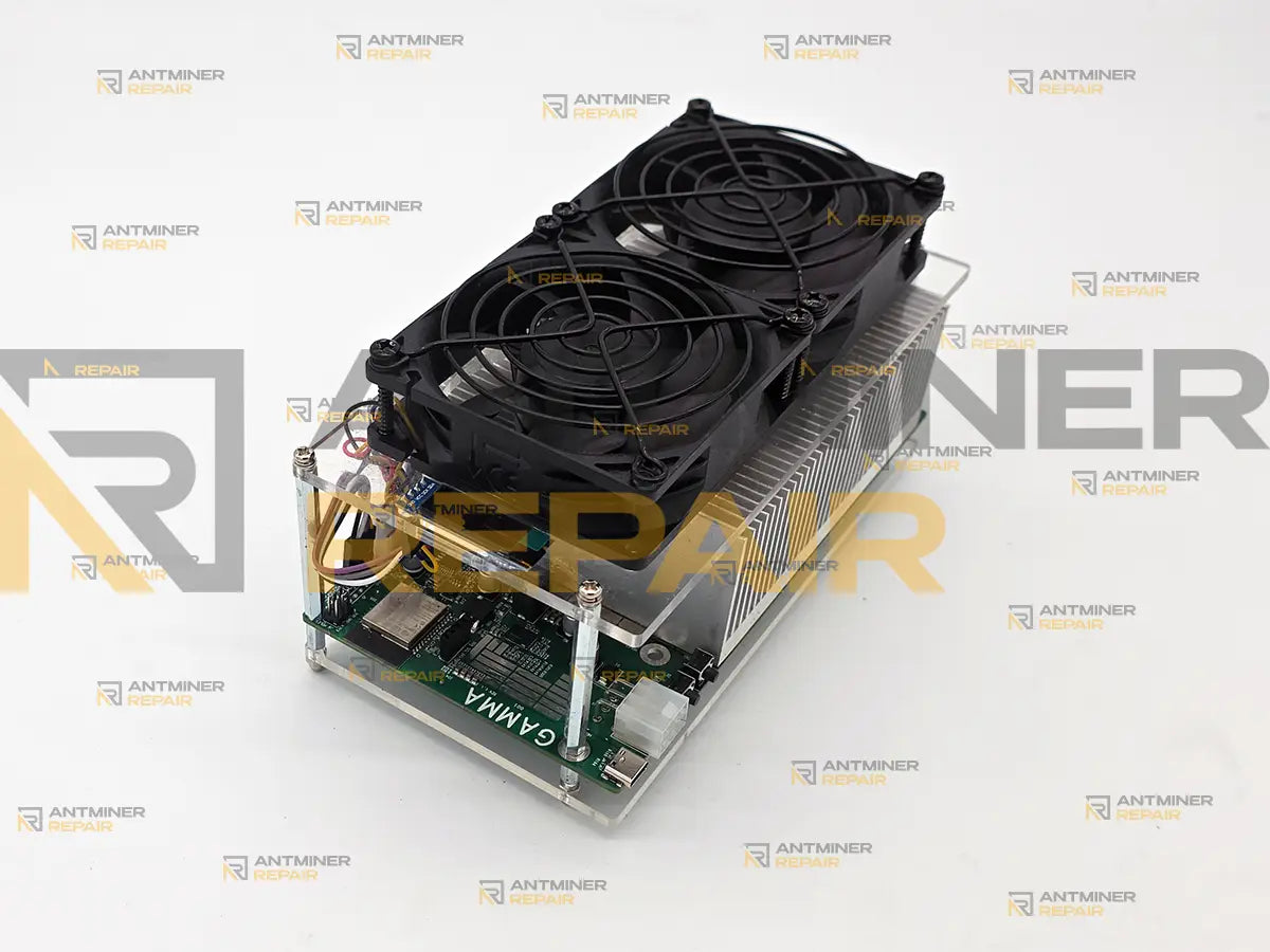Bitaxe Hex 6TH complete solo miner front view with dual cooling fans and aluminum heatsink