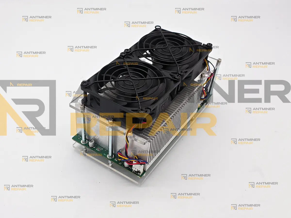 Bitaxe Hex 6TH complete solo miner rear view showing dual fans, heatsink, and control board wiring