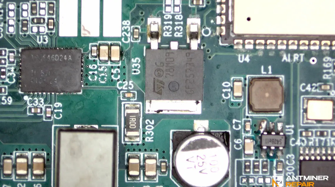 Bitaxe Hex 6TH BM1368 board power regulator close-up with TPS546D24A and 78M09 section