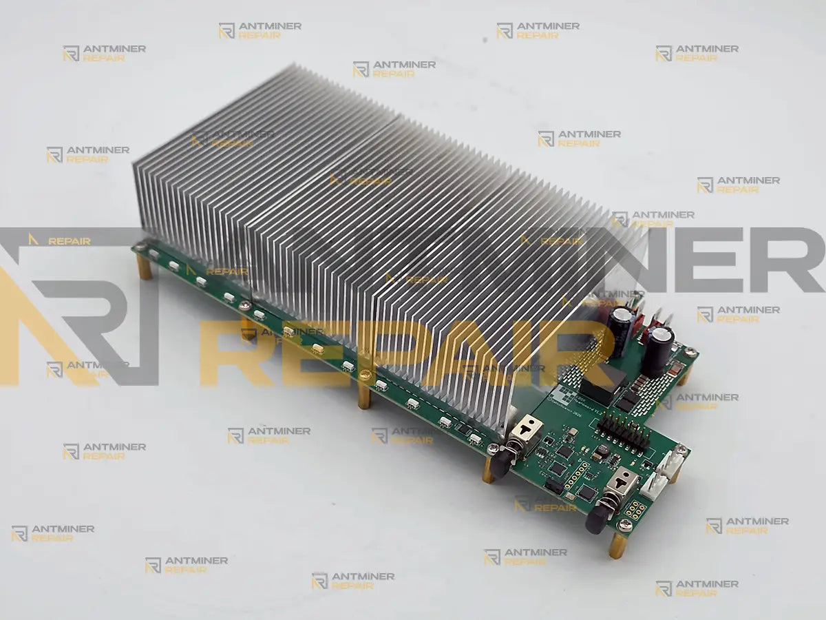 GekkoScience KBox internal board with the full-length heatsink fitted and the lighting LED row along the edge