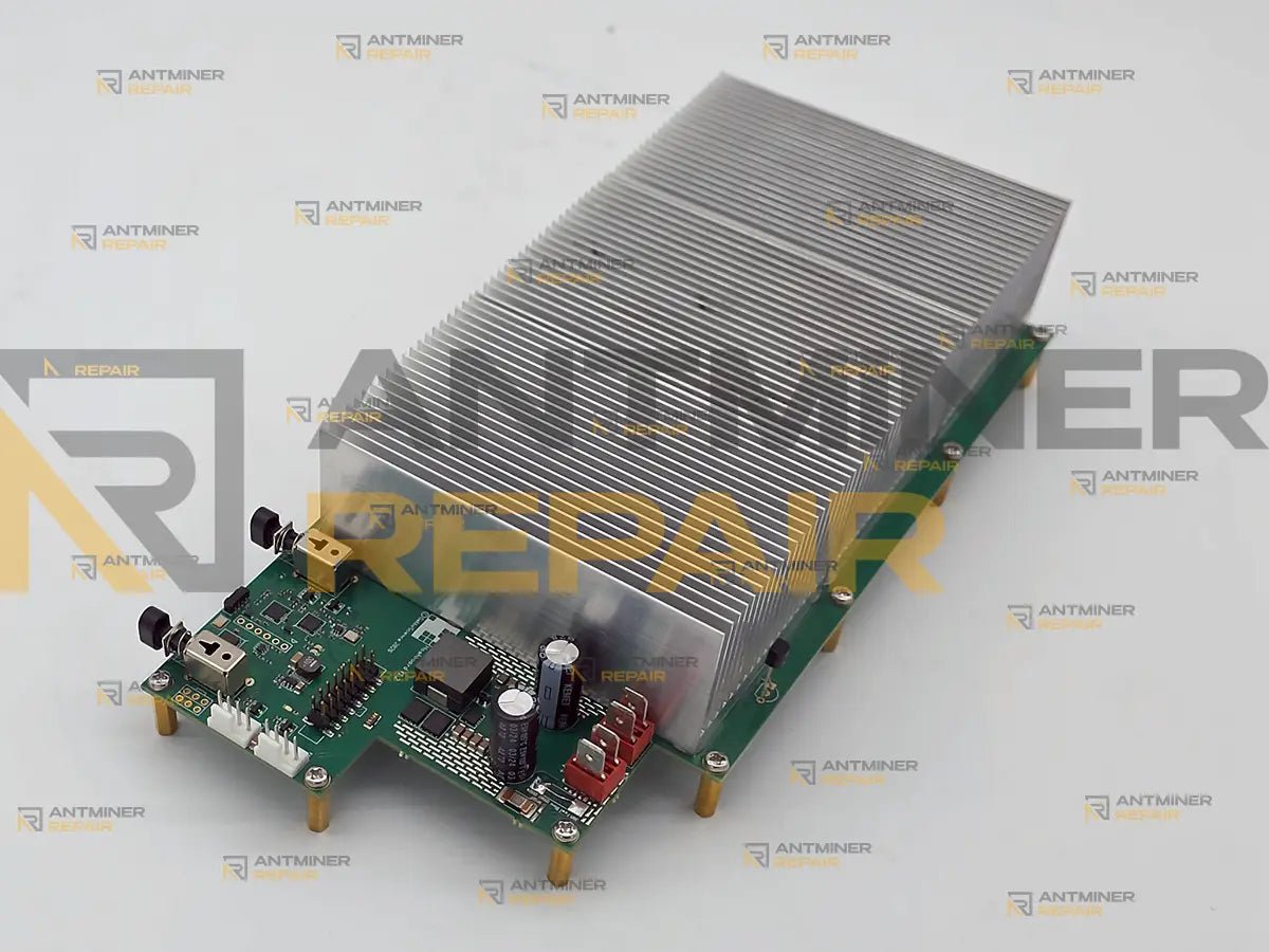 GekkoScience KBox internal board with its heatsink fitted, power input and fan connectors in the foreground
