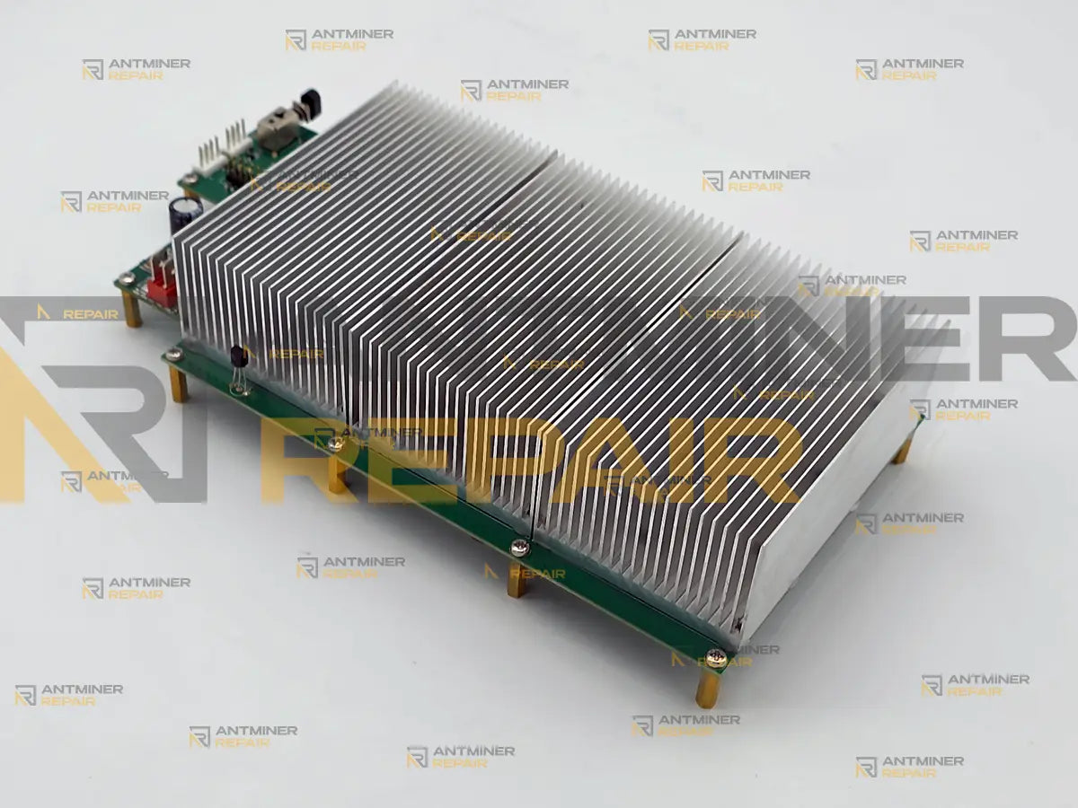 GekkoScience KBox internal board with heatsink fitted, side view along the mounting screws