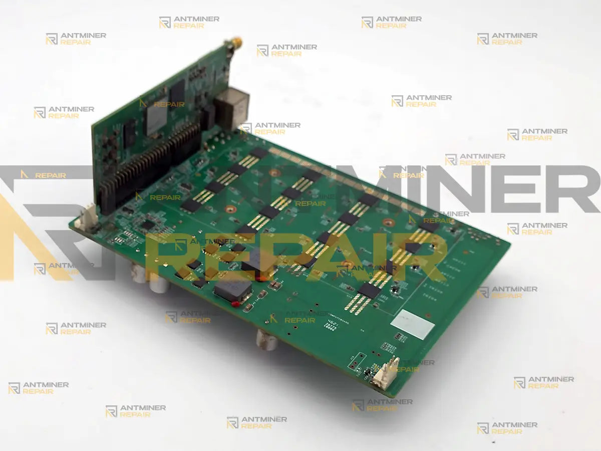 Goldshell SC-BOX control board seated in its card-edge slot above the power side of the internal board