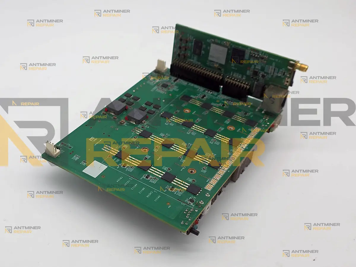 Goldshell SC-BOX control board plugged into the internal board, with its Ethernet jack and antenna connector