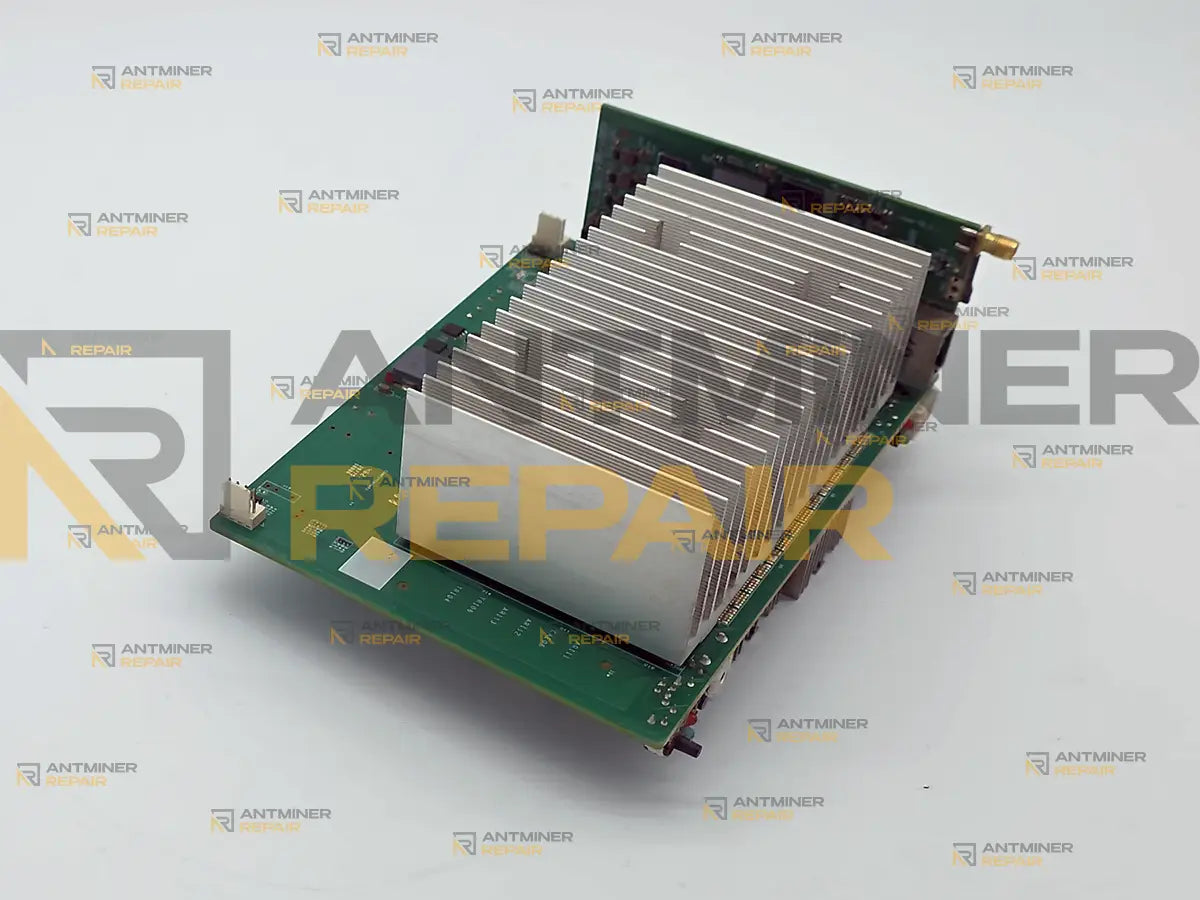 Goldshell SC-BOX heatsink assembly at an angle, the fin stack sitting over the chips