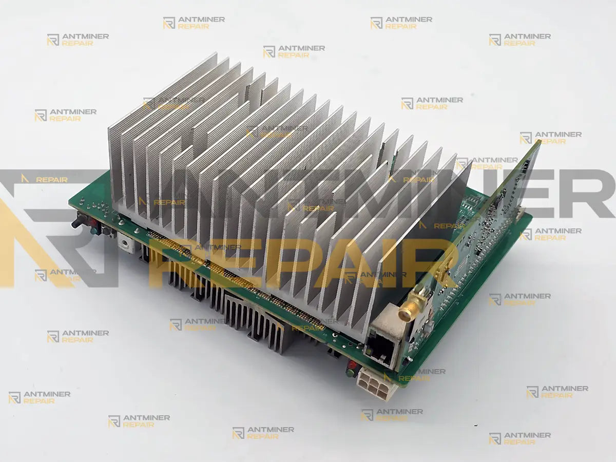 Goldshell SC-BOX internal board with the main aluminium heatsink fitted, seen from above