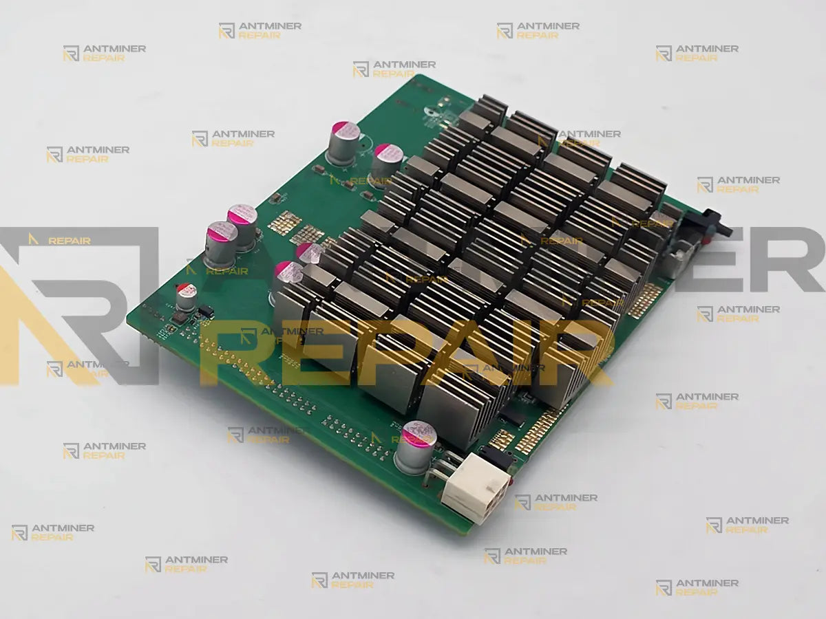 Goldshell SC-BOX internal board at an angle, the 16 chip heatsinks standing in rows across the board