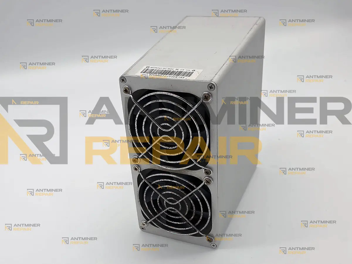 Goldshell SC-BOX miner seen from the fan end, with the Goldshell SC BOX model label on the case