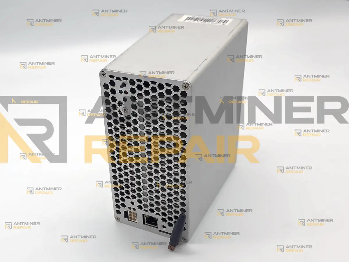 Rear of a Goldshell SC-BOX miner showing the 6-pin power input, the Ethernet port and the antenna