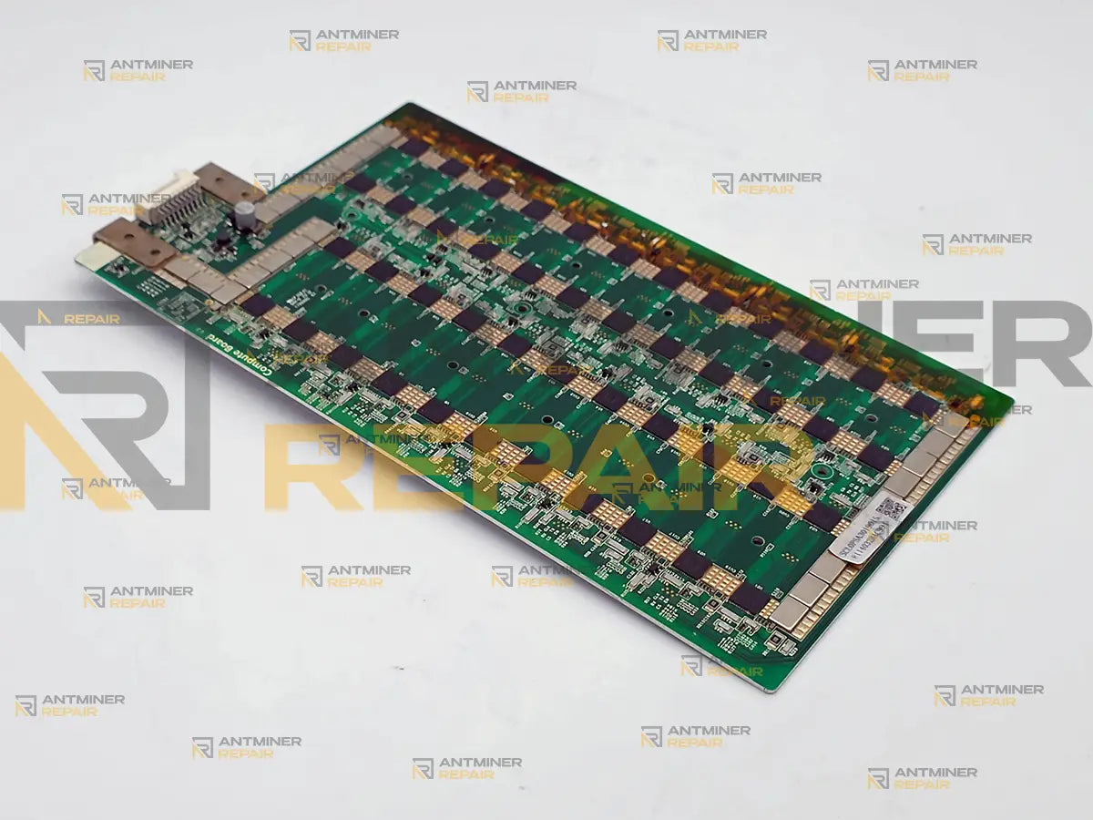 Goldshell SC LITE hashboard without its heatsink, angled view along the ICC590 chip rows