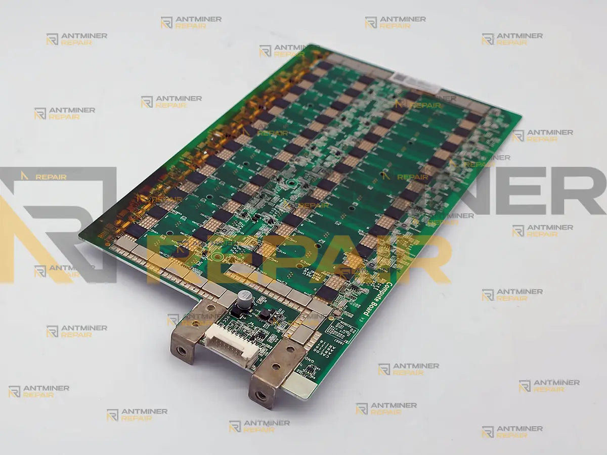 Goldshell SC LITE hashboard without its heatsink, connector end with the card edge contacts and power terminals