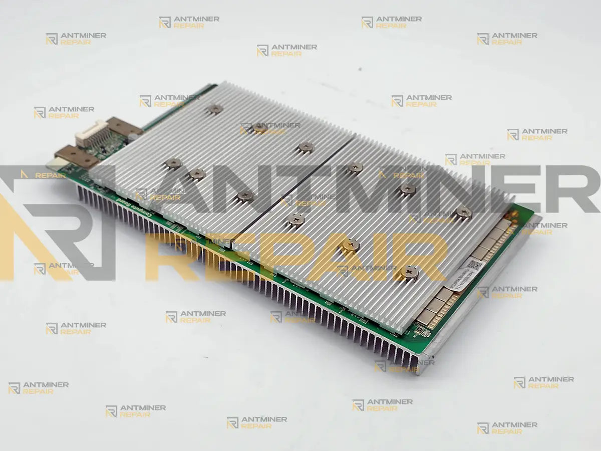 Goldshell SC LITE hashboard with the heatsink bolted over the chips, angled view along the board