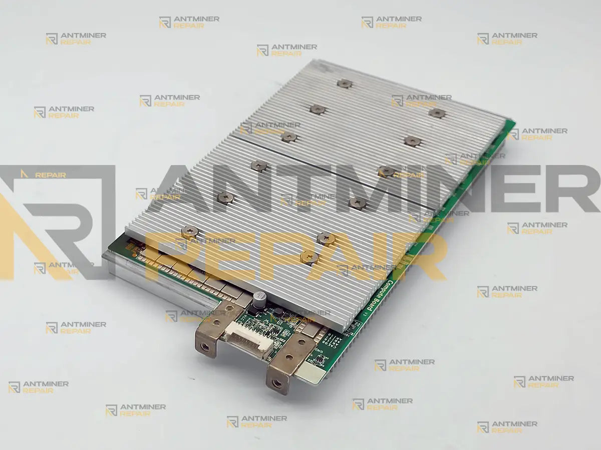 Goldshell SC LITE hashboard with its heatsink fitted, seen from the control board connector end