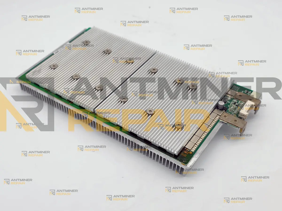 Goldshell SC LITE hashboard with heatsink, showing the power terminals and gold card edge contacts