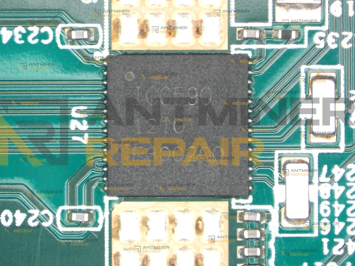 ICC590 ASIC on a Goldshell SC LITE hashboard, the package marking read under magnification