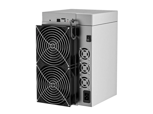 Goldshell SC6-SE Siacoin miner seen from the rear, with both fans, the controller panel and the power supply