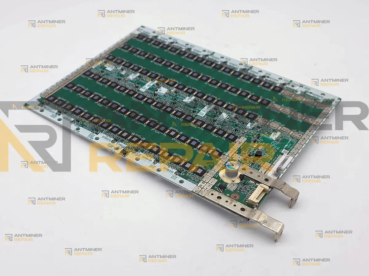 iBeLink BM-S3 hashboard chip side at an angle, the copper power bus bars and board connector in the foreground