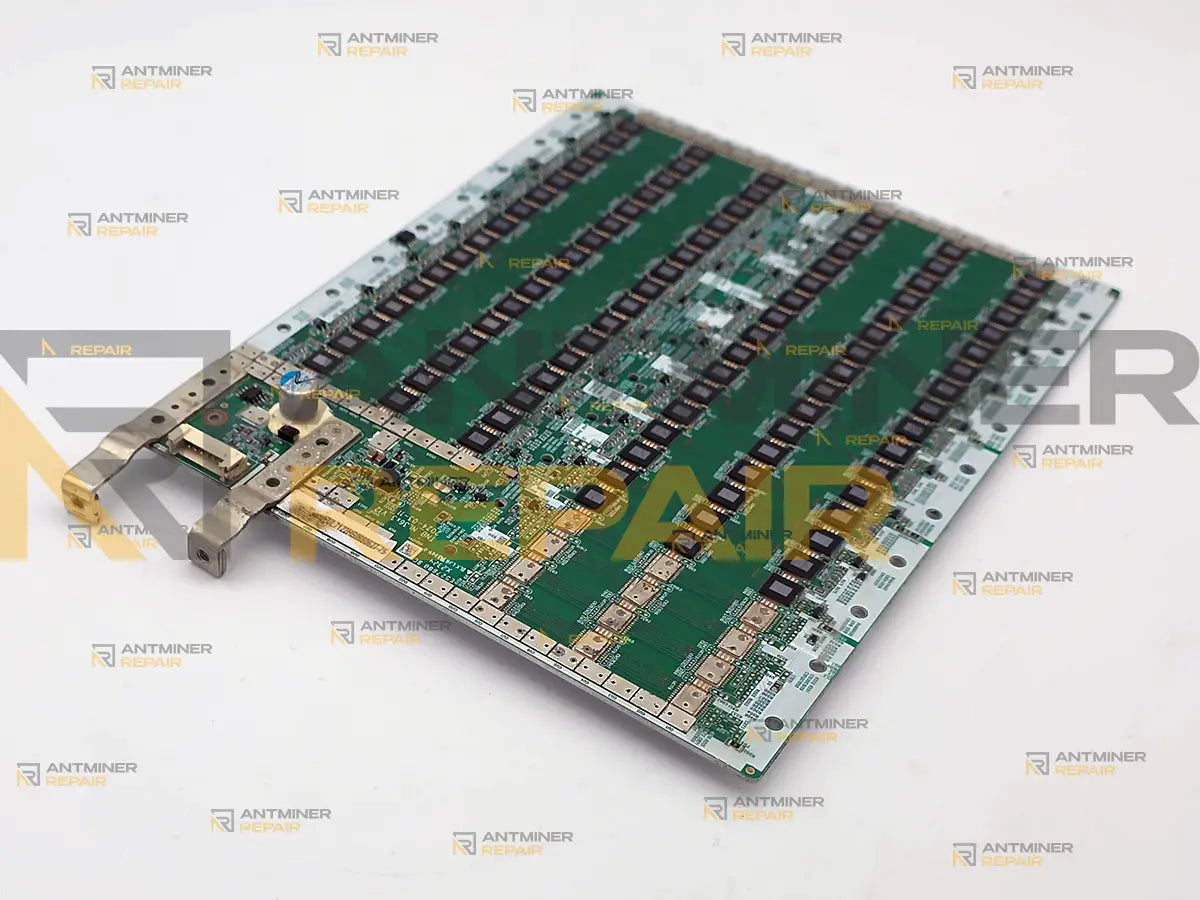iBeLink BM-S3 hashboard chip side seen from the connector end, with the power section in the foreground