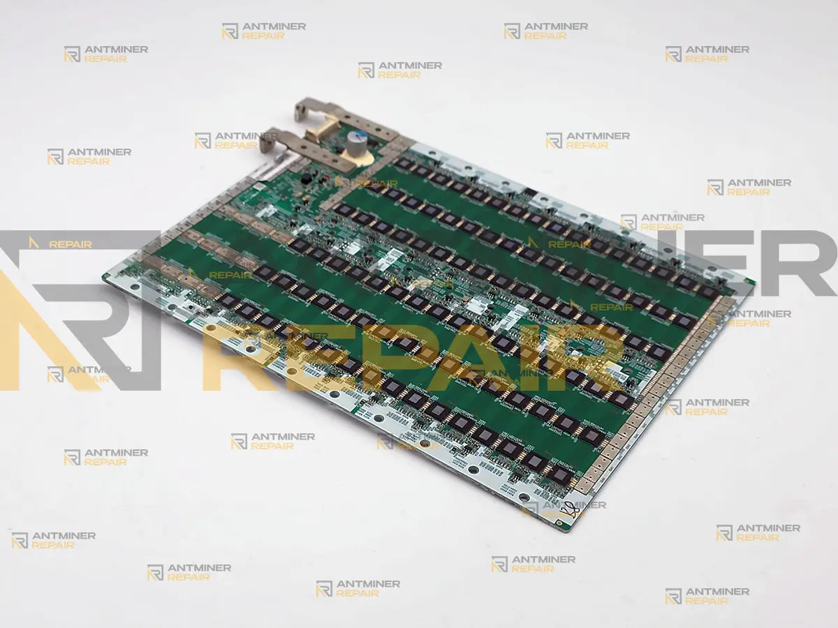 iBeLink BM-S3 hashboard chip side from the opposite corner, rows of NEUL0712 ASICs running the length of the board