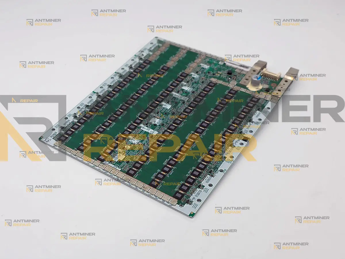 iBeLink BM-S3 hashboard with the heatsink removed, top view of the chip side with the power bus bars along the top edge