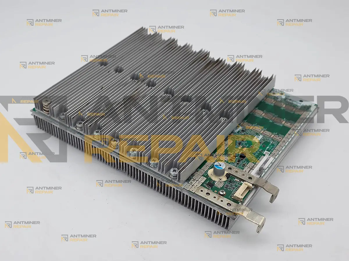 iBeLink BM-S3 hashboard with heatsink, the power bus bars and connector at the near edge