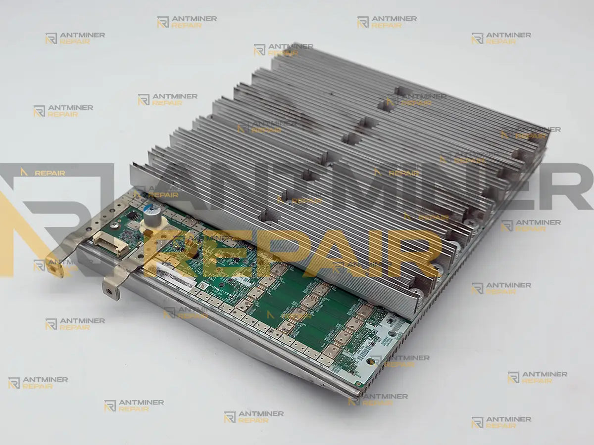 iBeLink BM-S3 hashboard with its heatsink fitted, seen from the connector end
