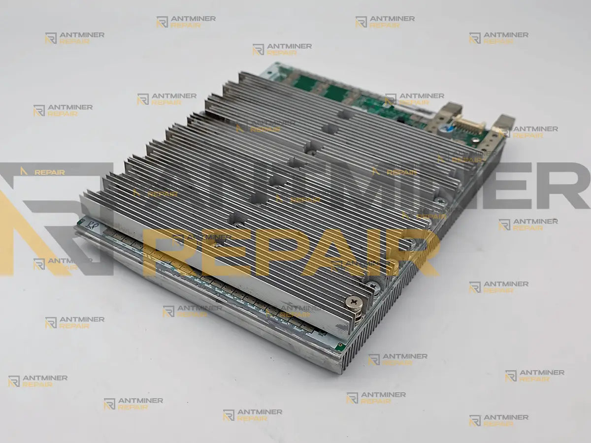 iBeLink BM-S3 hashboard with heatsink, the fin edge toward the camera