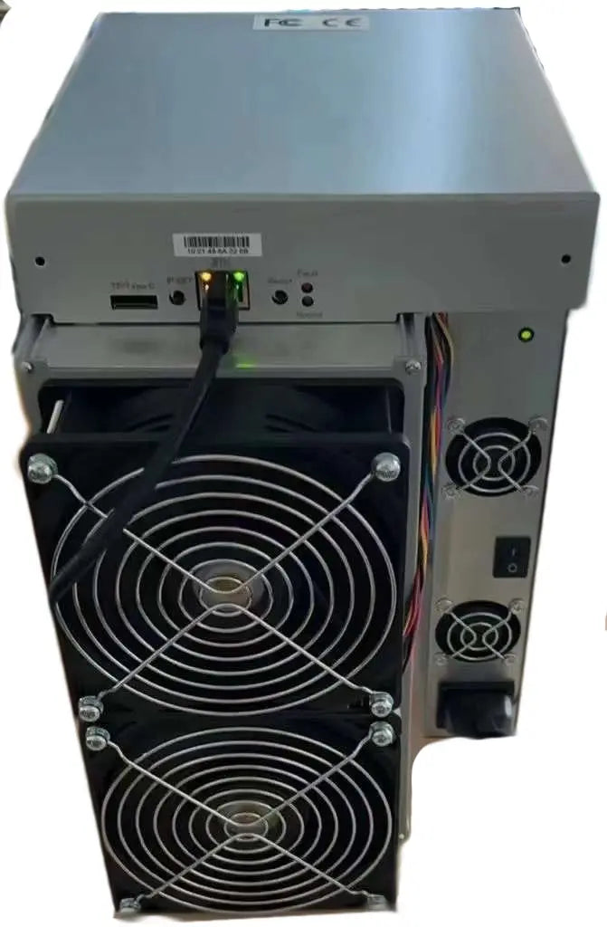 iBeLink BM-S3 Siacoin miner seen from the rear, with both fans, the controller panel and the power supply