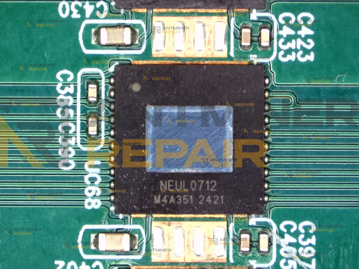 NEUL0712 ASIC chip on an iBeLink BM-S3 hashboard, package marking under magnification