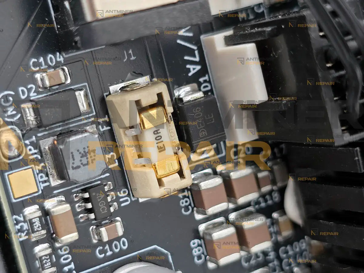 NerdQAxe++ 4.8Th blown fuse and power input section close-up for diagnostics