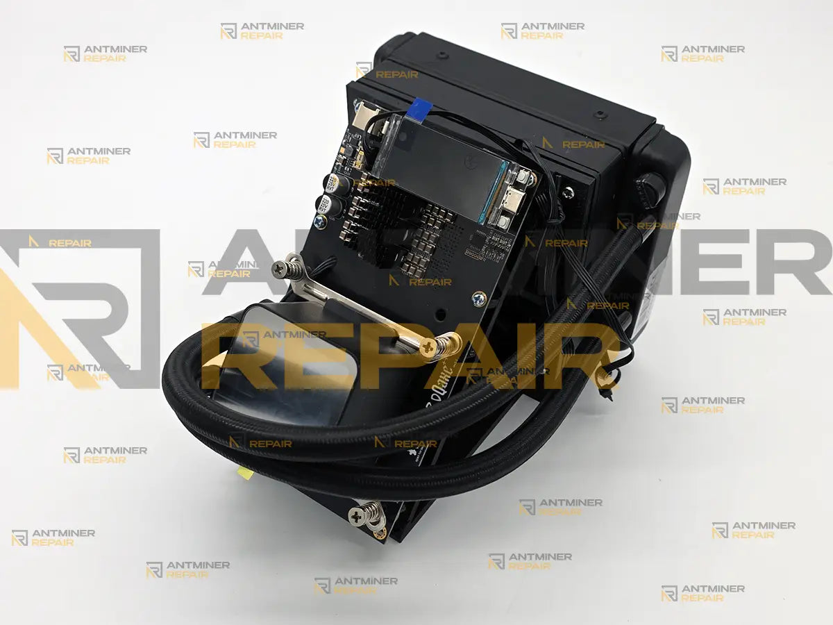 NerdQAxe++ 4.8Th solo miner front view with cooling system and control board