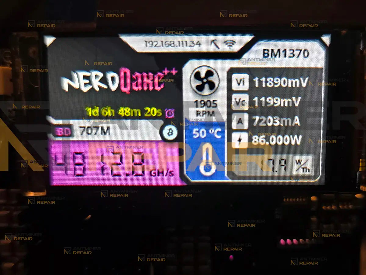 NerdQAxe++ 4.8Th repair result: display showing stable hashrate around 4.9 TH/s after repair