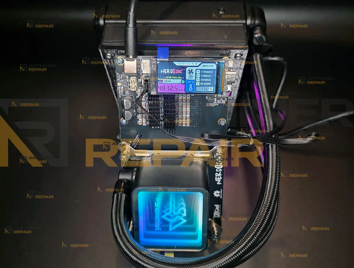 NerdQAxe++ 4.8Th running after repair with stable hashrate and active cooling system