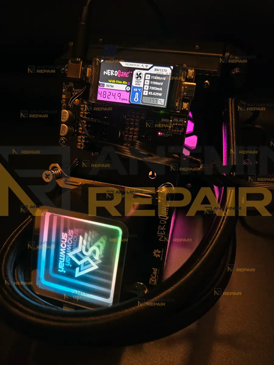 NerdQAxe++ 4.8Th solo miner running after repair in test setup with active cooling