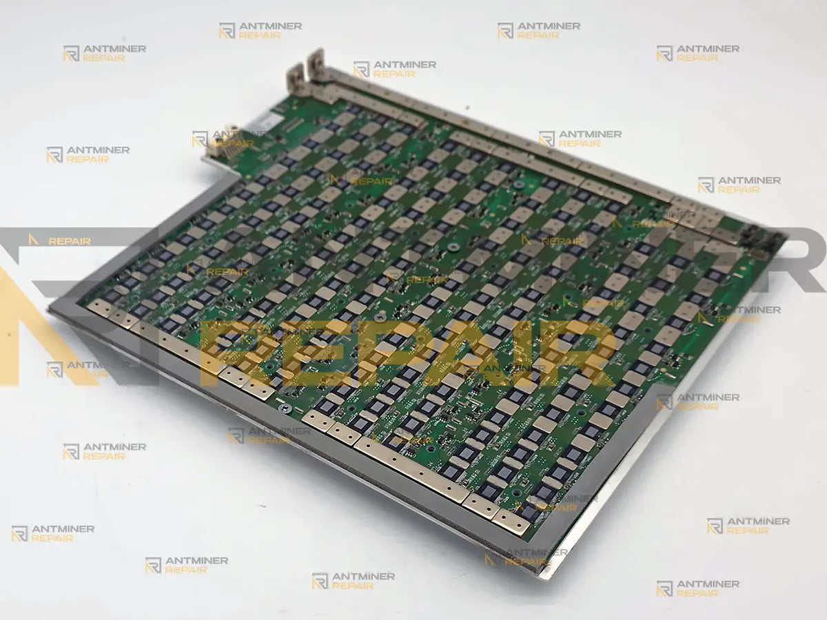 Sealminer A2 hashboard chip side, copper power bus bar tabs at the corner