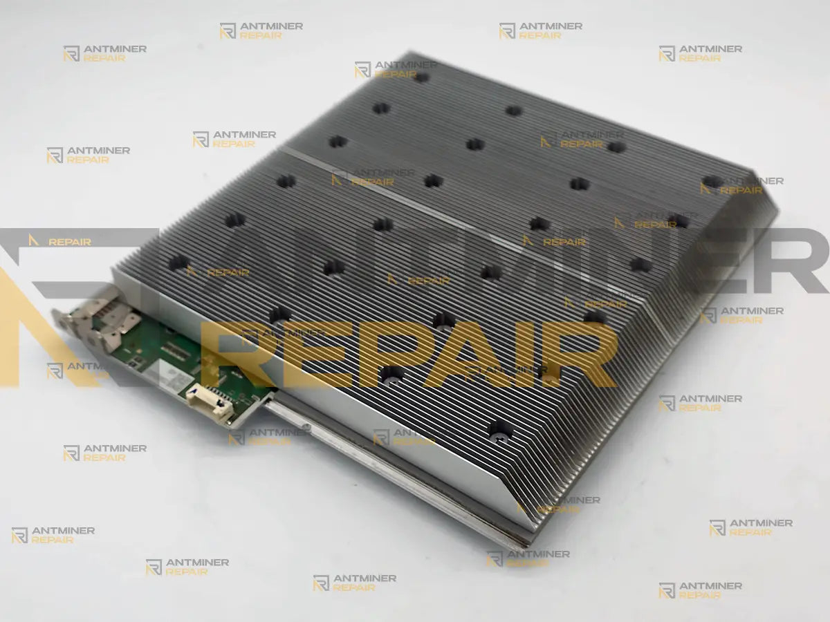 Sealminer A2 hashboard with the heatsink fitted, signal connector end in the foreground