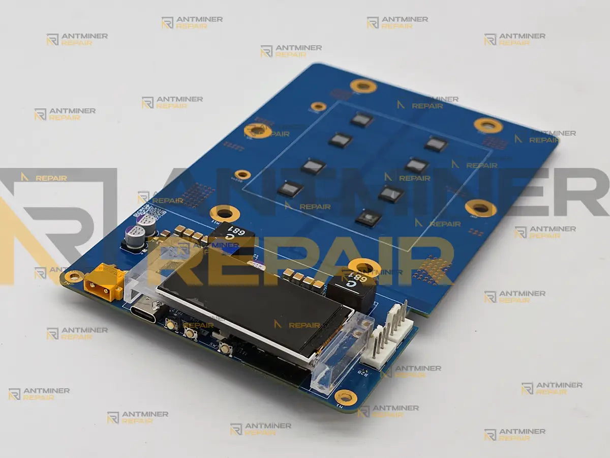 Zyber 8S board with the heatsink removed during service: eight BM1368 chips, display, buttons and XT30 power socket