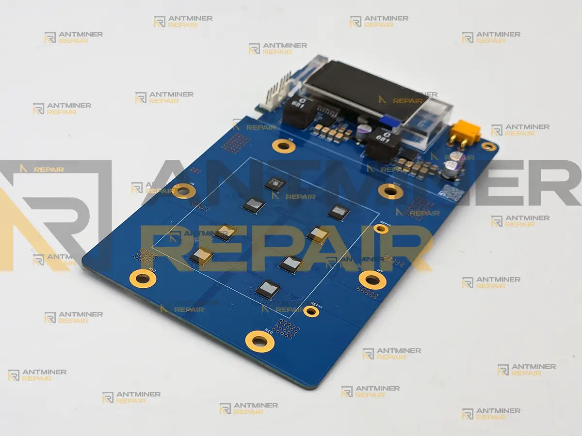 Zyber 8S board top side: the eight-chip ASIC area with the display and power section along the edge