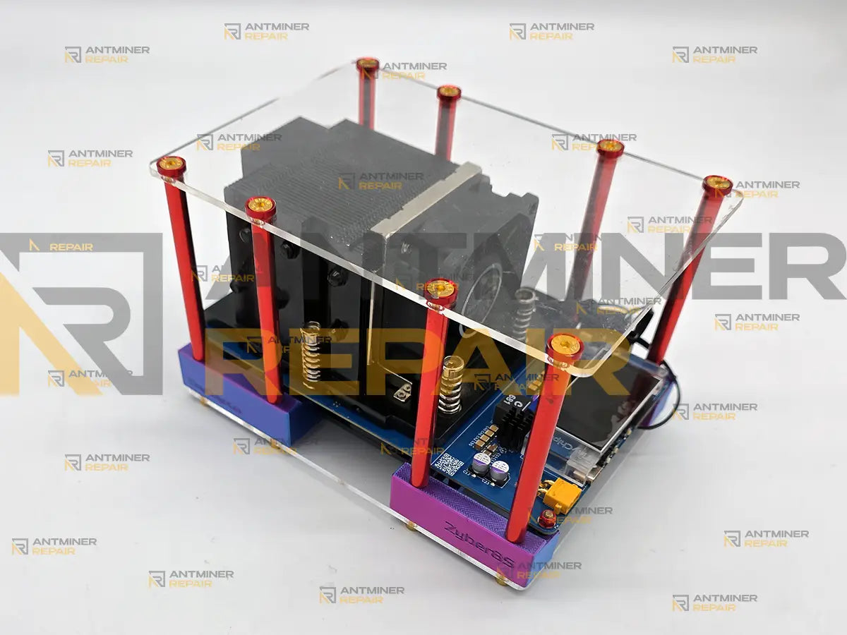 TinyChipHub Zyber 8S complete home miner on its acrylic stand, front angle with the heatsink, display and Zyber8S base