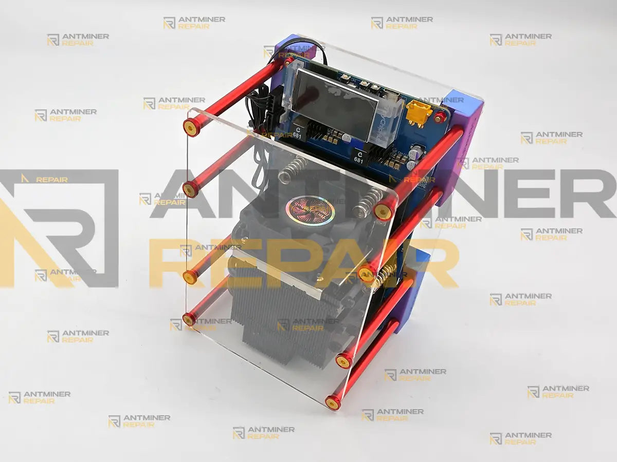 Zyber 8S stood on end with the display and power socket at the top and the heatsink fan below