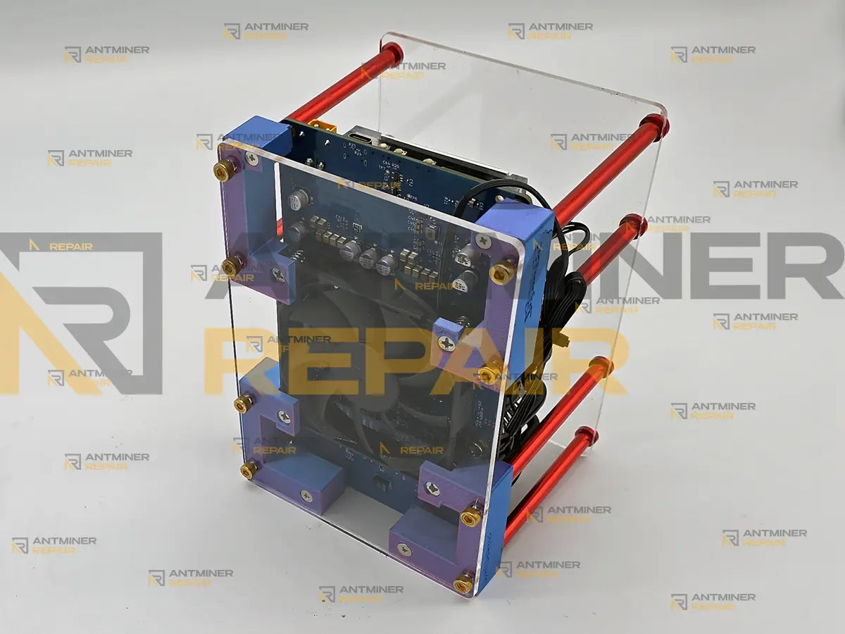 Zyber 8S stood on end, showing the 80 mm fan in the 3D-printed base and the underside of the board